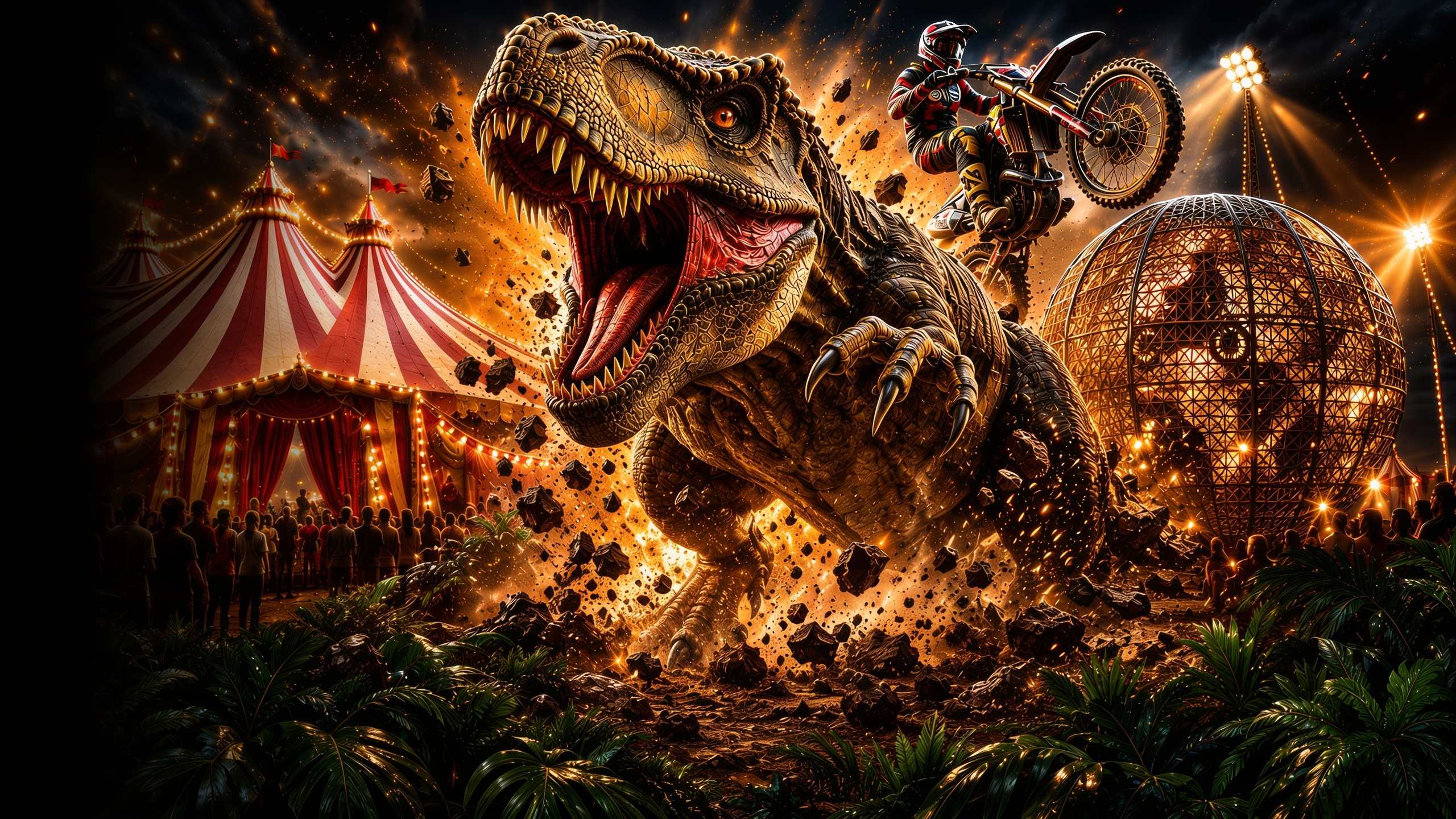 Escena completa del Circo Los Dinosaurios: la carpa iluminada, el dinosaurio y las motos
